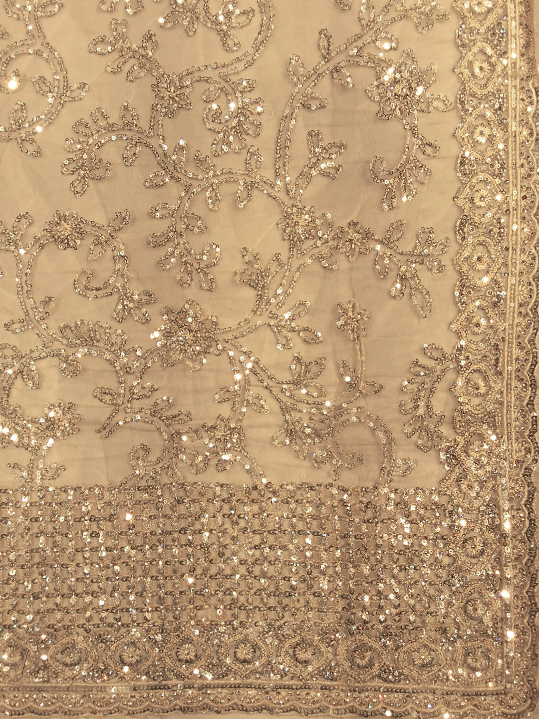 Beige Sequin Embroidered Net Saree with Heavy Stitched Blouse