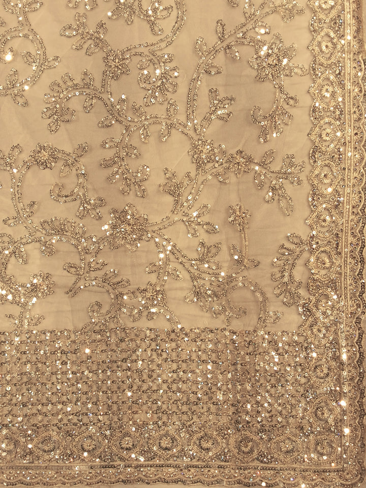 Beige Sequin Embroidered Net Saree with Heavy Stitched Blouse