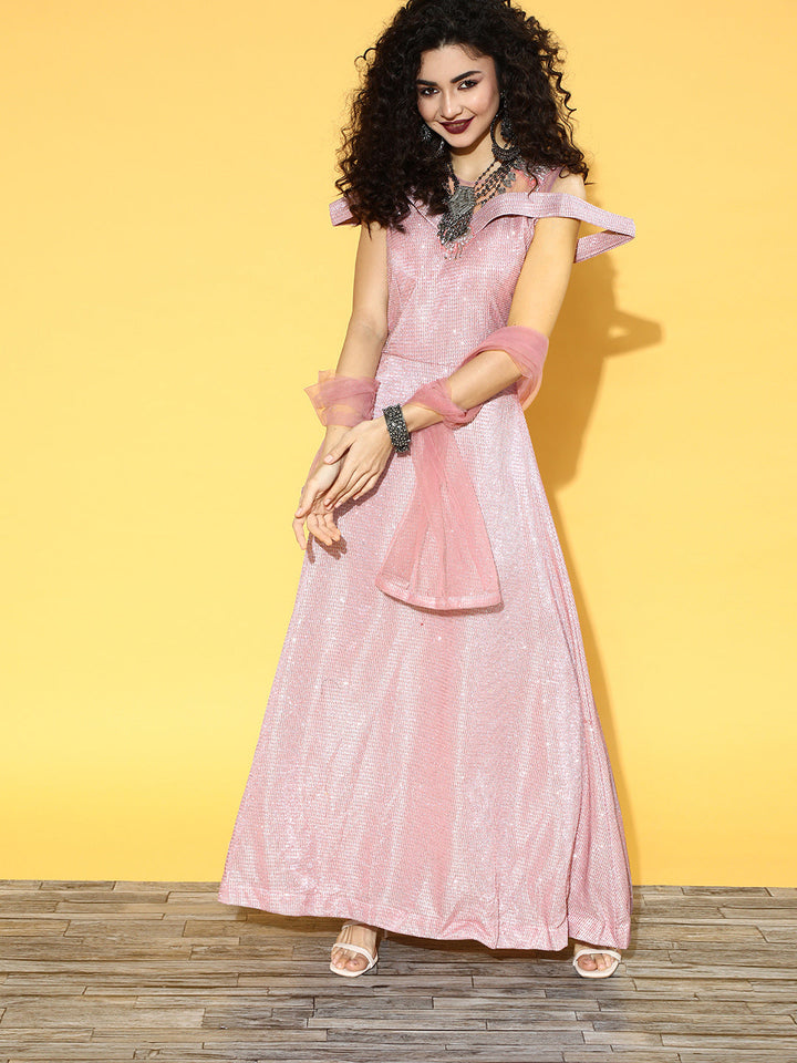 Pink Bling Barbie Style Flared Crystal Embroidery Gown
