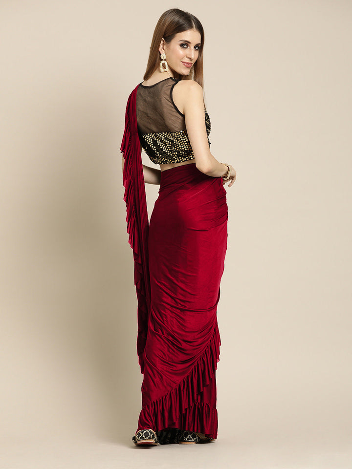 Red Bright Ruffled Draped Pre-Stitched Frills Lycra Saree