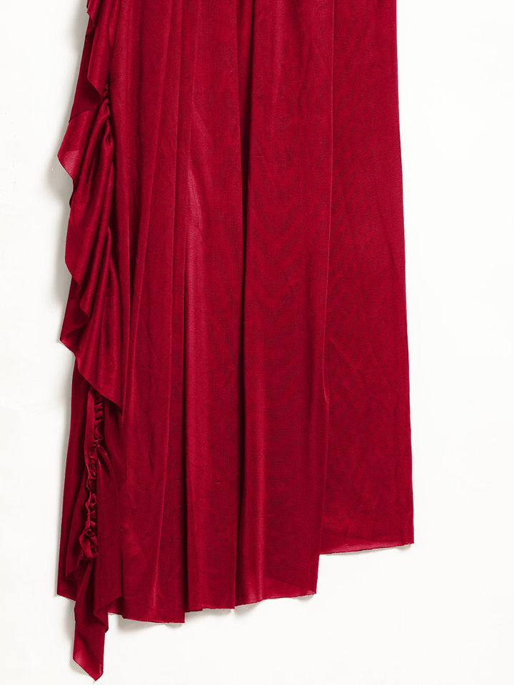 Red Bright Ruffled Draped Pre-Stitched Frills Lycra Saree