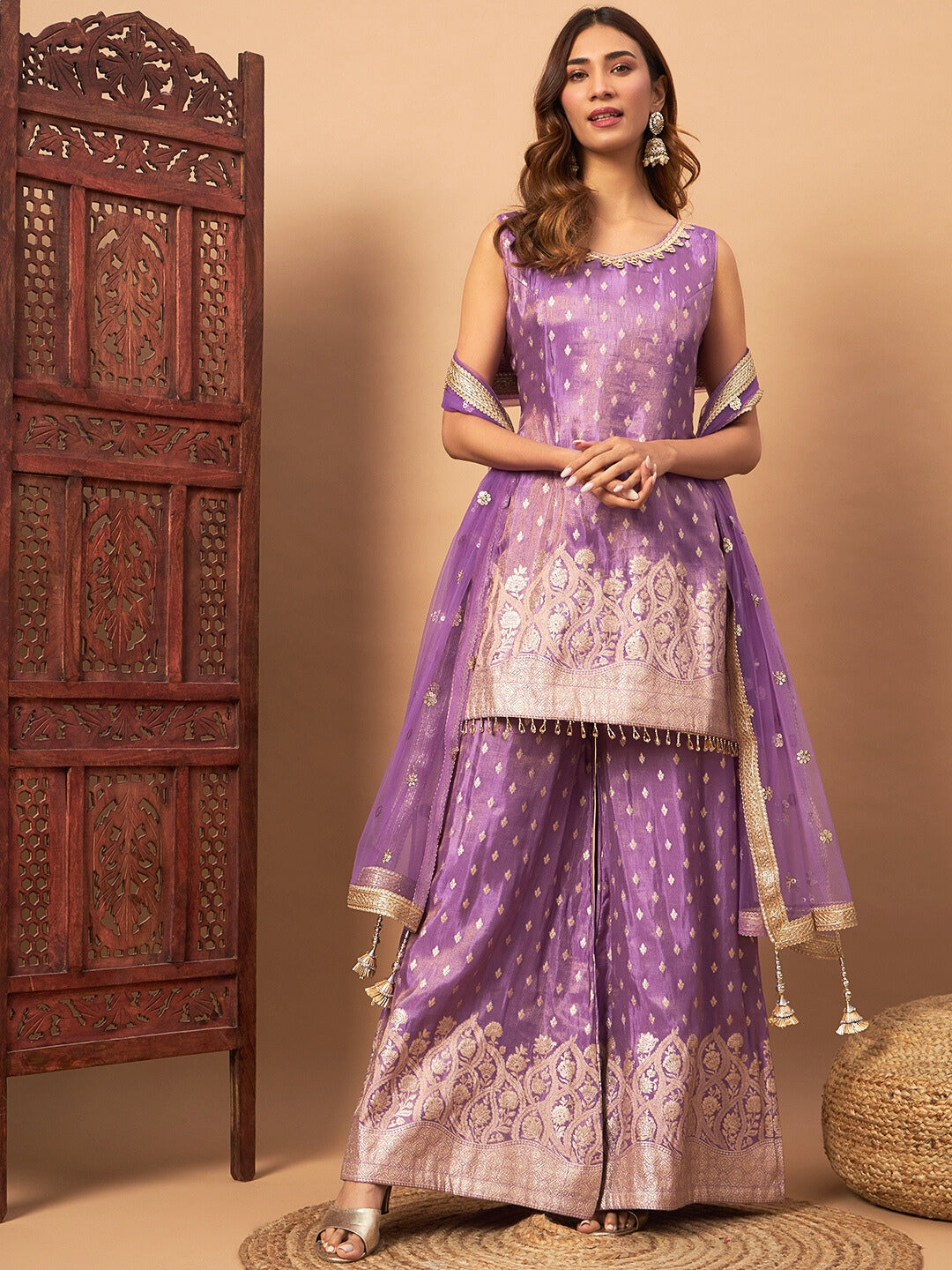 Chhabra 555 Intricate Zari Woven Kurta Palazzo Set with Sequinned Dupatta & Tassled Hemline