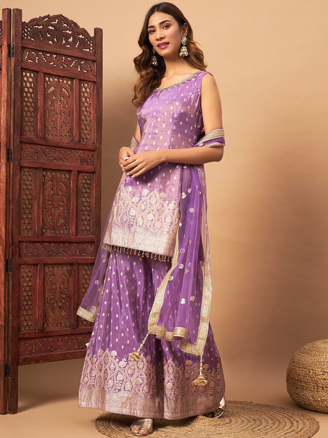 Intricate Zari Woven Kurta Palazzo Set with Sequinned Dupatta & Tassled Hemline