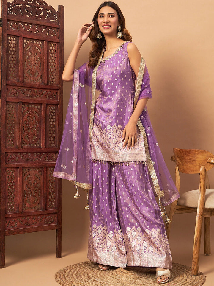 Intricate Zari Woven Kurta Palazzo Set with Sequinned Dupatta & Tassled Hemline