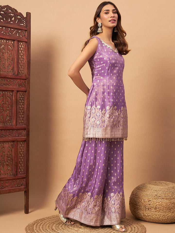 Intricate Zari Woven Kurta Palazzo Set with Sequinned Dupatta & Tassled Hemline