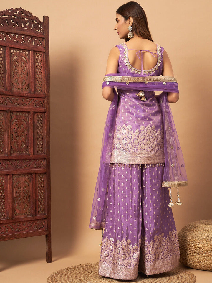 Intricate Zari Woven Kurta Palazzo Set with Sequinned Dupatta & Tassled Hemline