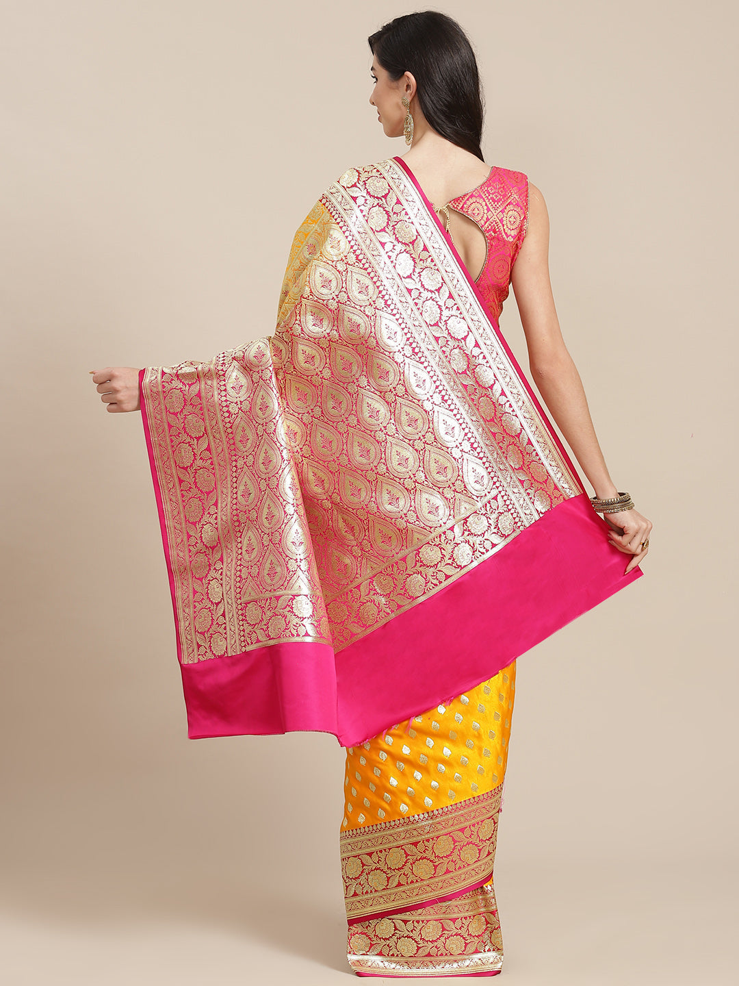 Banarasi Silk Saree With Gold Zari Weaves & Contrast Border