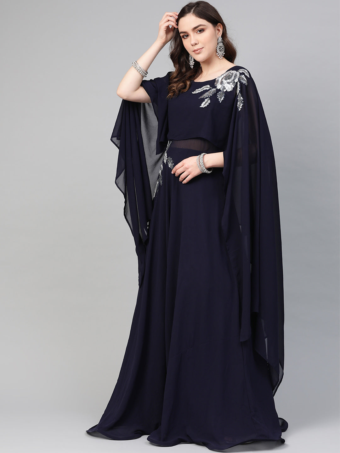 Georgette Sequnned Cocktail Gown with Attached Cape