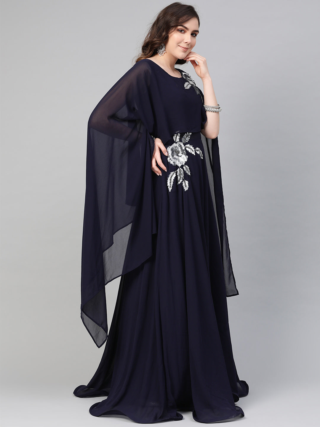 Georgette Sequnned Cocktail Gown with Attached Cape
