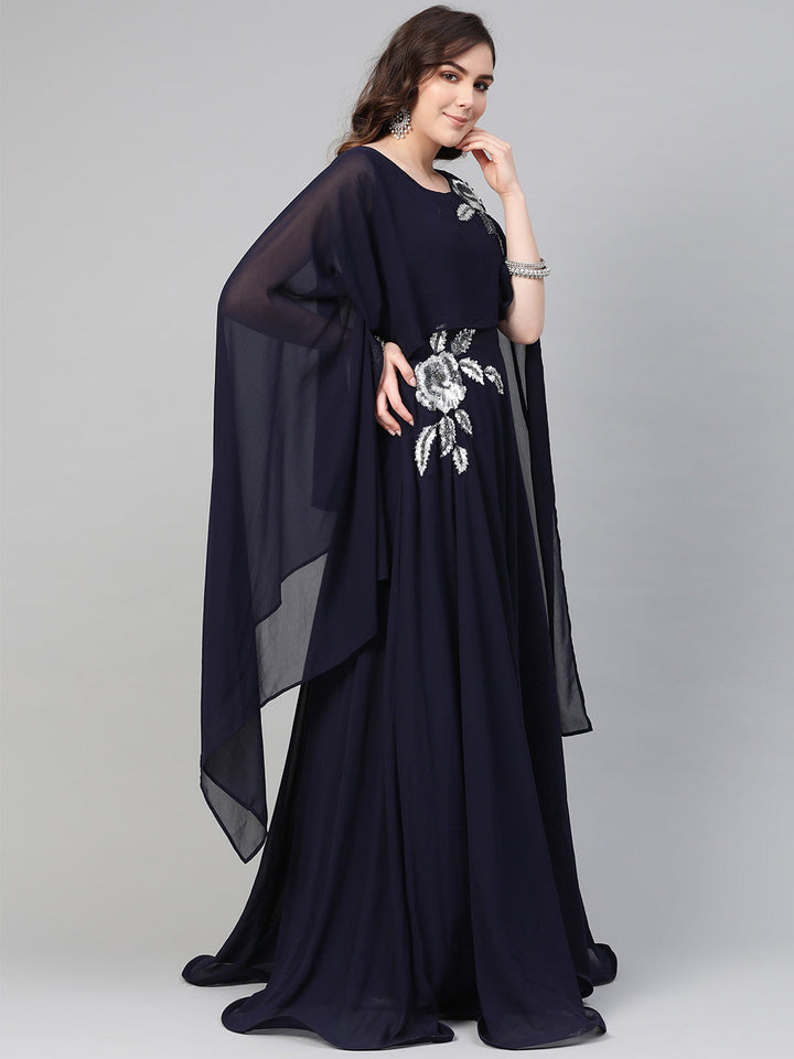 Georgette Sequnned Cocktail Gown with Attached Cape