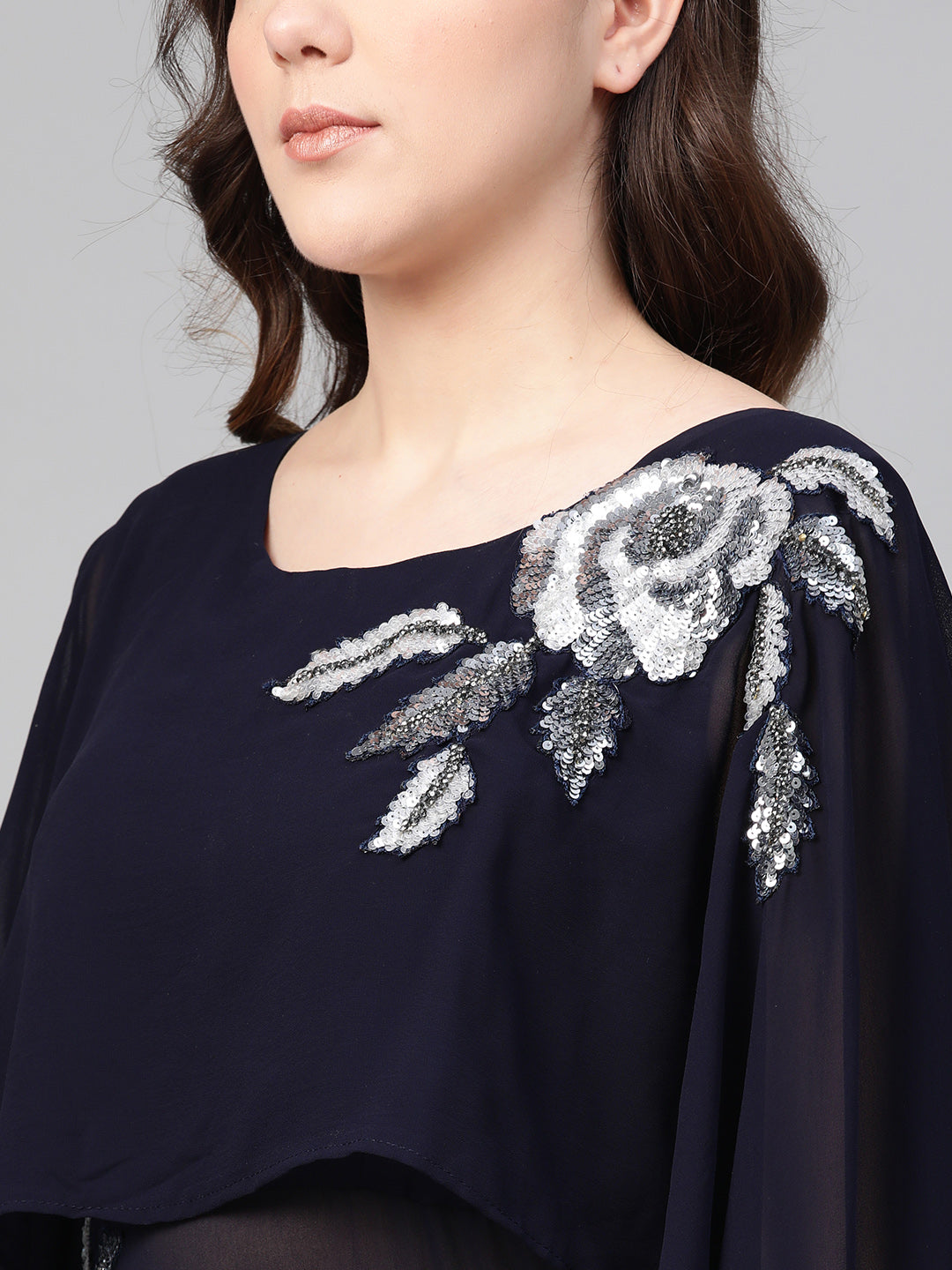 Georgette Sequnned Cocktail Gown with Attached Cape