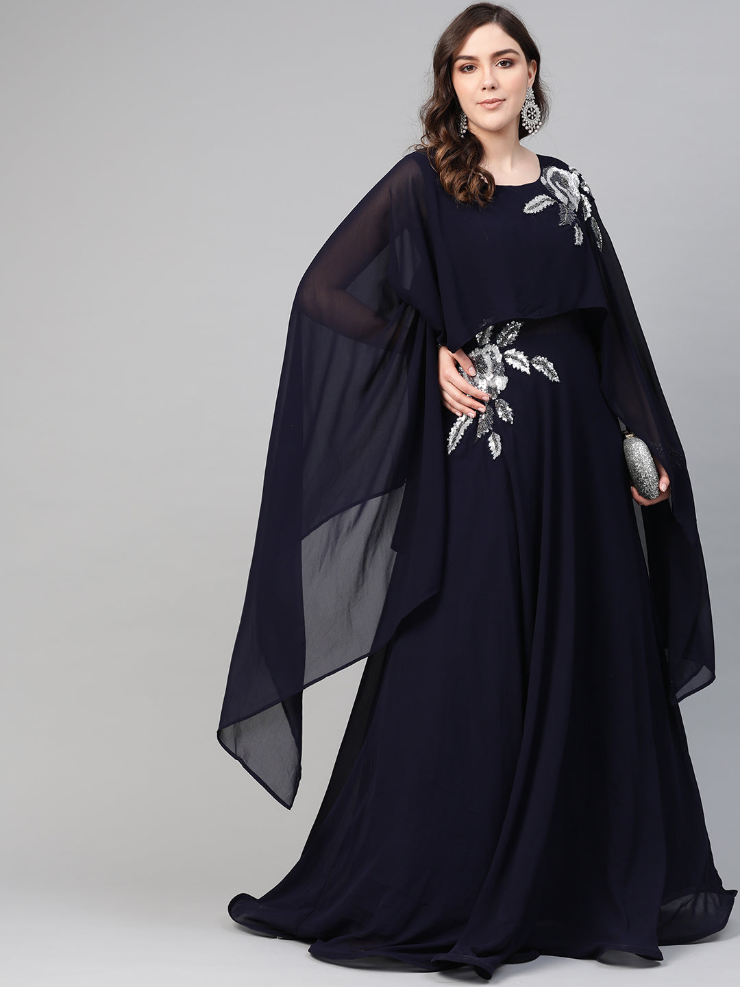 Georgette Sequnned Cocktail Gown with Attached Cape