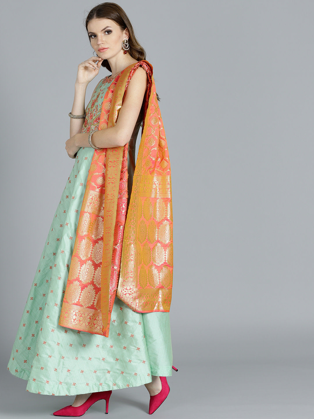 Embroidered Flared Suit with Banarasi Woven Dupatta