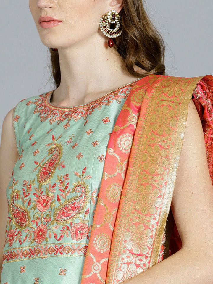 Embroidered Flared Suit with Banarasi Woven Dupatta