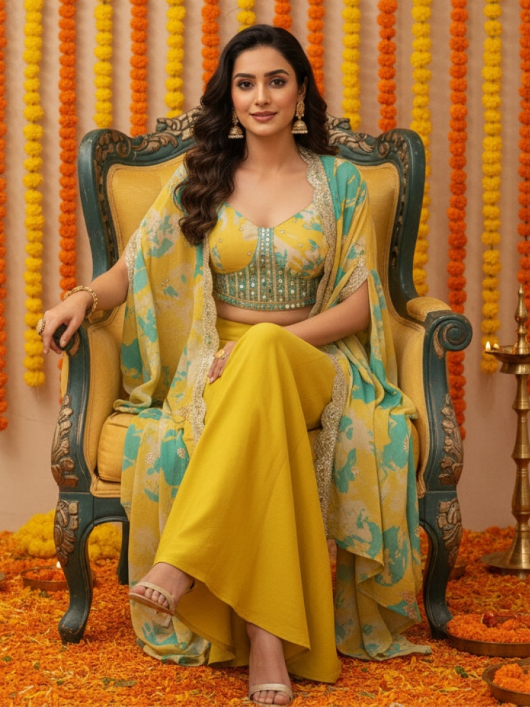 Lime Sequinned Crop Top Palazzo Set with Bright Floral Print & Scalloped Embellished Cape