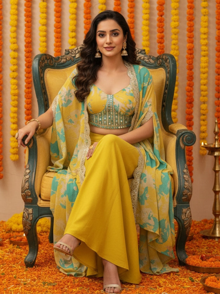 Lime Sequinned Crop Top Palazzo Set with Bright Floral Print & Scalloped Embellished Cape