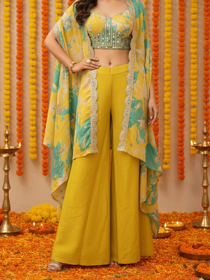 Lime Sequinned Crop Top Palazzo Set with Bright Floral Print & Scalloped Embellished Cape