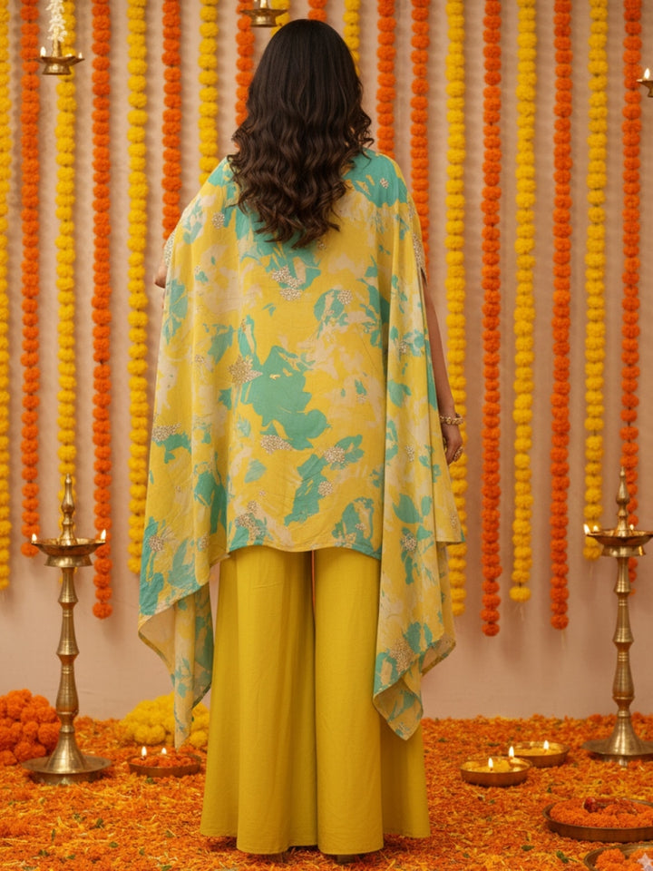 Lime Sequinned Crop Top Palazzo Set with Bright Floral Print & Scalloped Embellished Cape