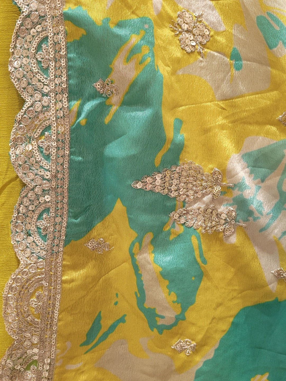 Lime Sequinned Crop Top Palazzo Set with Bright Floral Print & Scalloped Embellished Cape