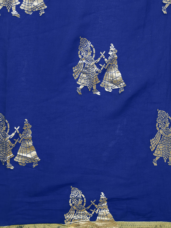 Blue Chiffon Foil Print Party Wear Saree with Ethnic Radha Kishan Motifs