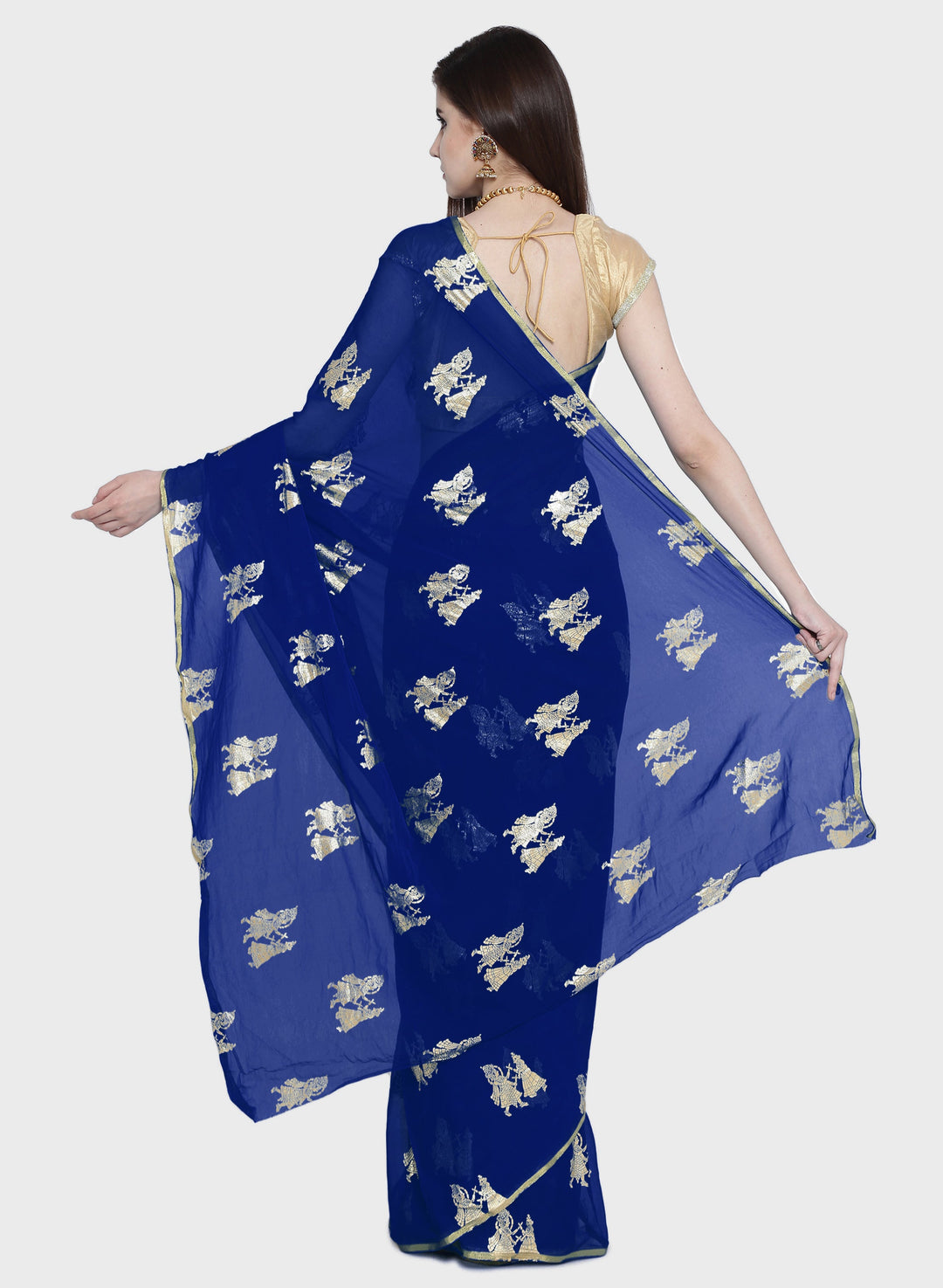 Blue Chiffon Foil Print Party Wear Saree with Ethnic Radha Kishan Motifs