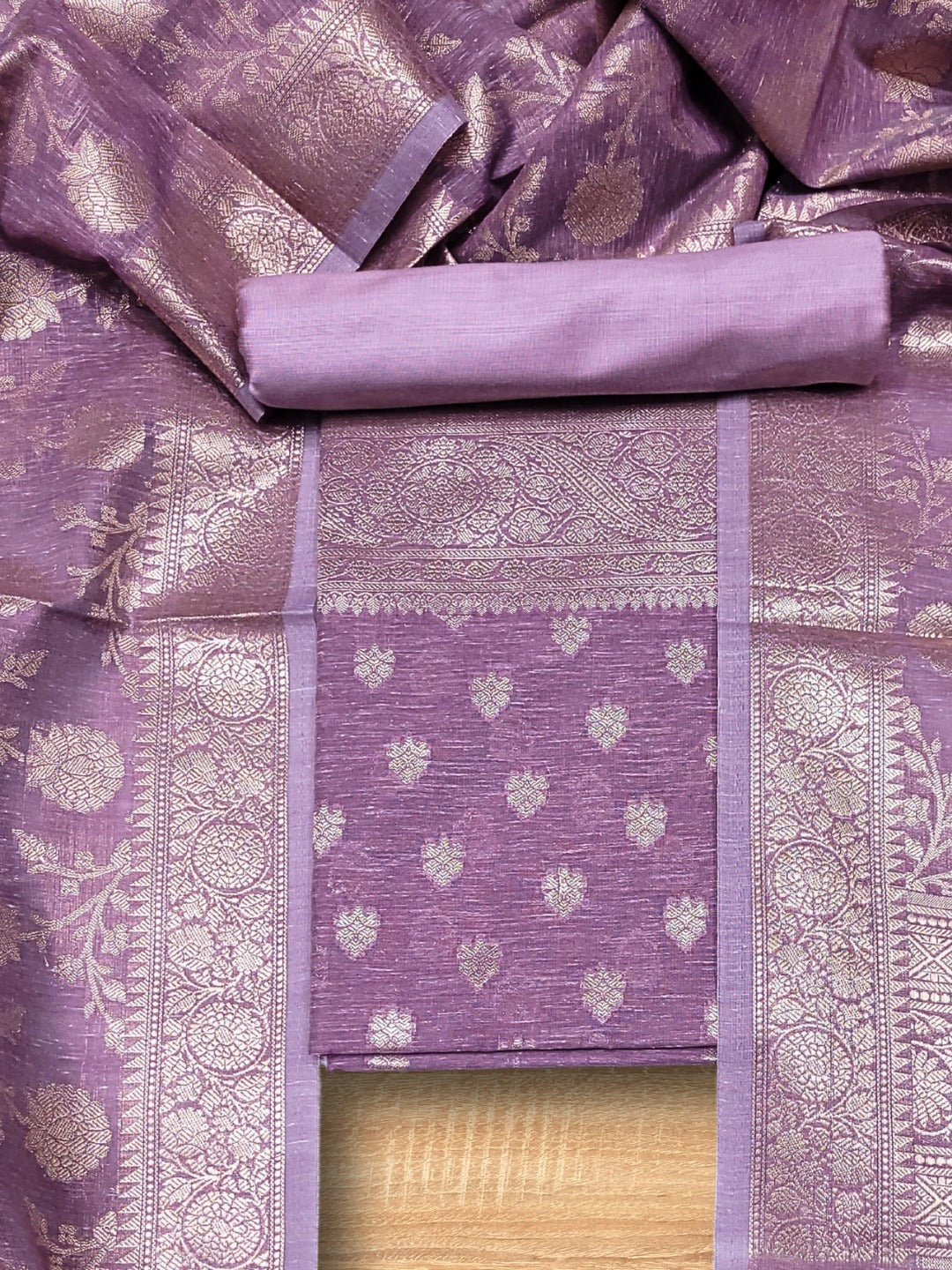 Banarasi Handloom Jute Silk Dress Material with Slub Weave & Tasseled Dupatta