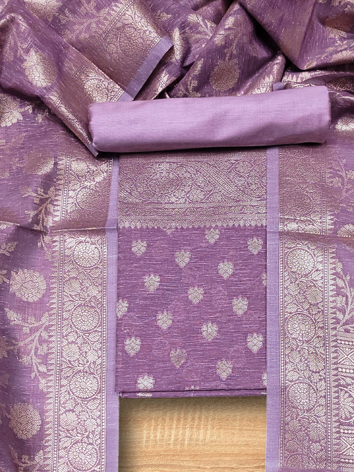 Banarasi Handloom Jute Silk Dress Material with Slub Weave & Tasseled Dupatta