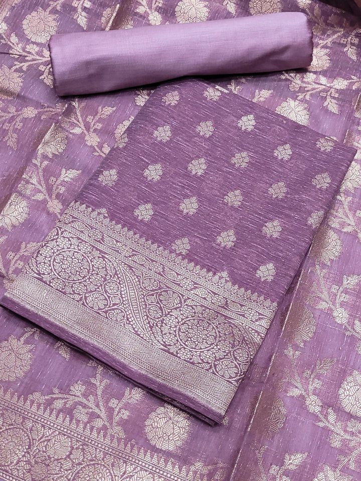Banarasi Handloom Jute Silk Dress Material with Slub Weave & Tasseled Dupatta