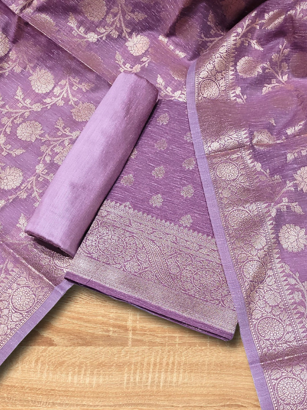 Banarasi Handloom Jute Silk Dress Material with Slub Weave & Tasseled Dupatta