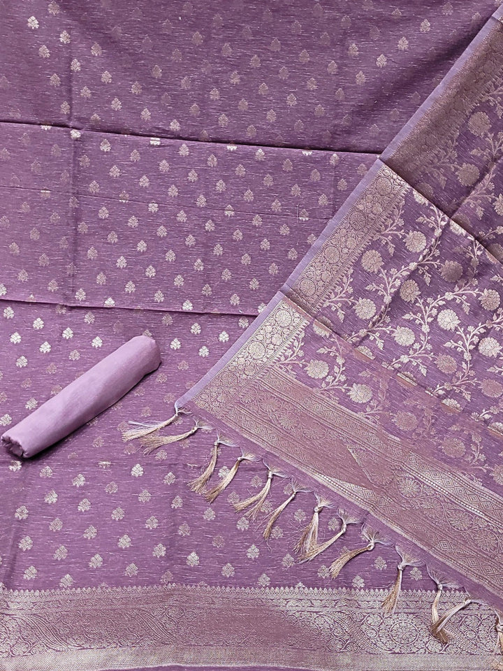 Banarasi Handloom Jute Silk Dress Material with Slub Weave & Tasseled Dupatta