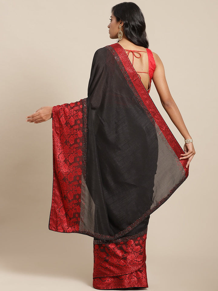 Black Georgette Crystal Embellished Saree With Contrast Red Banarasi Brocade panel