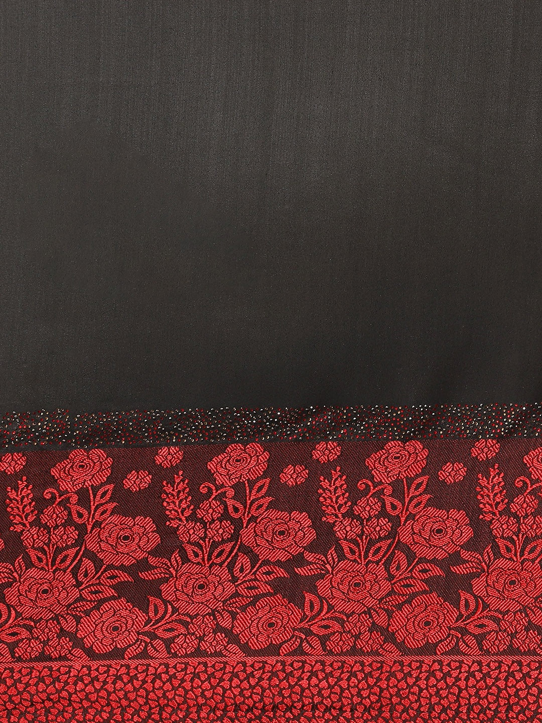 Black Georgette Crystal Embellished Saree With Contrast Red Banarasi Brocade panel