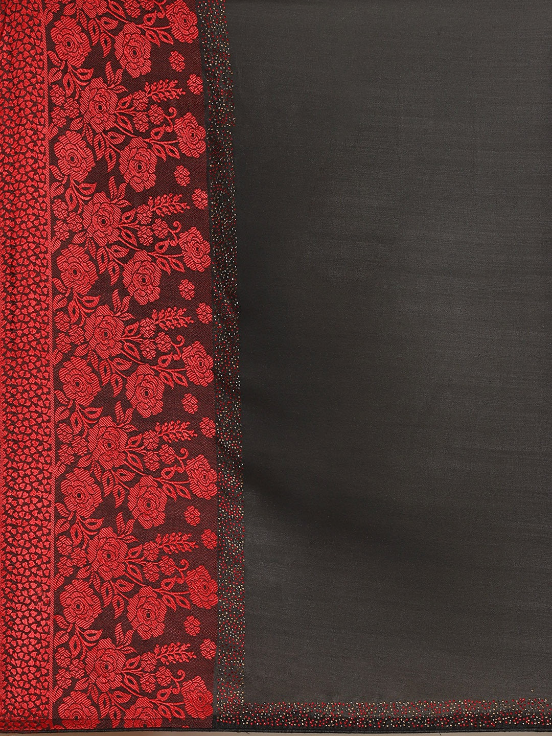 Black Georgette Crystal Embellished Saree With Contrast Red Banarasi Brocade panel