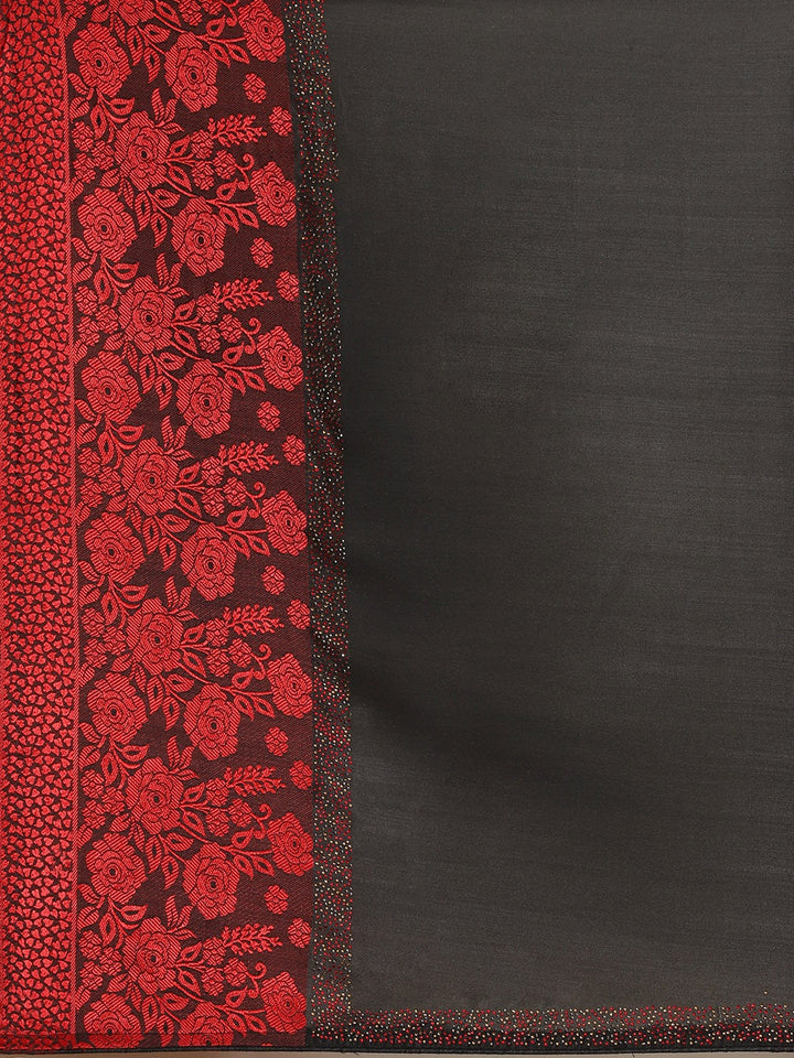 Black Georgette Crystal Embellished Saree With Contrast Red Banarasi Brocade panel