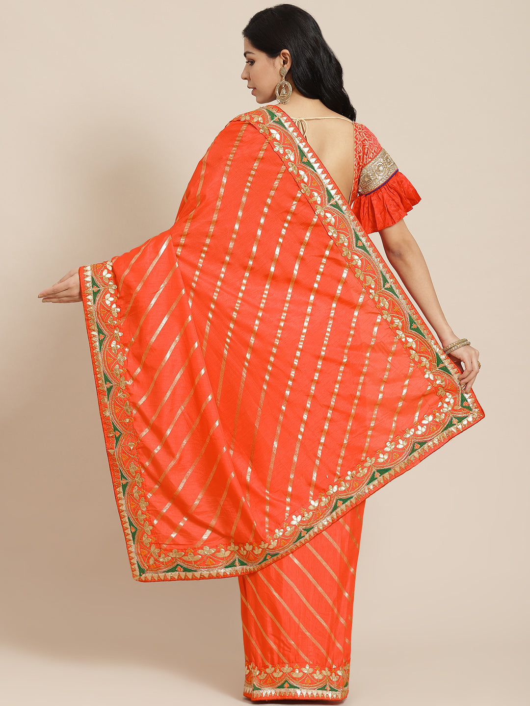 Orange Lehariya Saree Embellished With Gota Patti Embroidered  Border