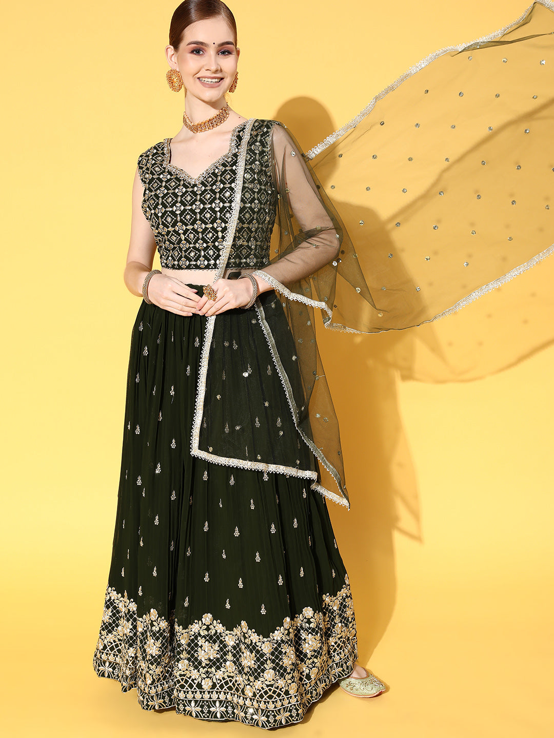 Green Zari & Sequence Embellished Lehenga Set & Net Dupatta