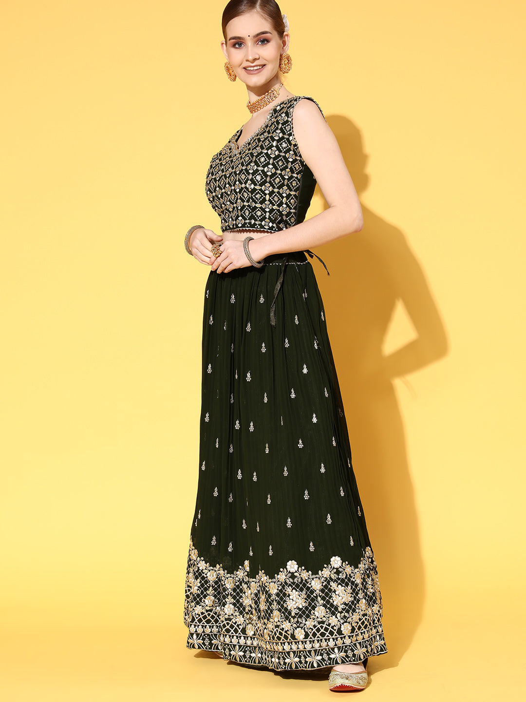 Green Zari & Sequence Embellished Lehenga Set & Net Dupatta