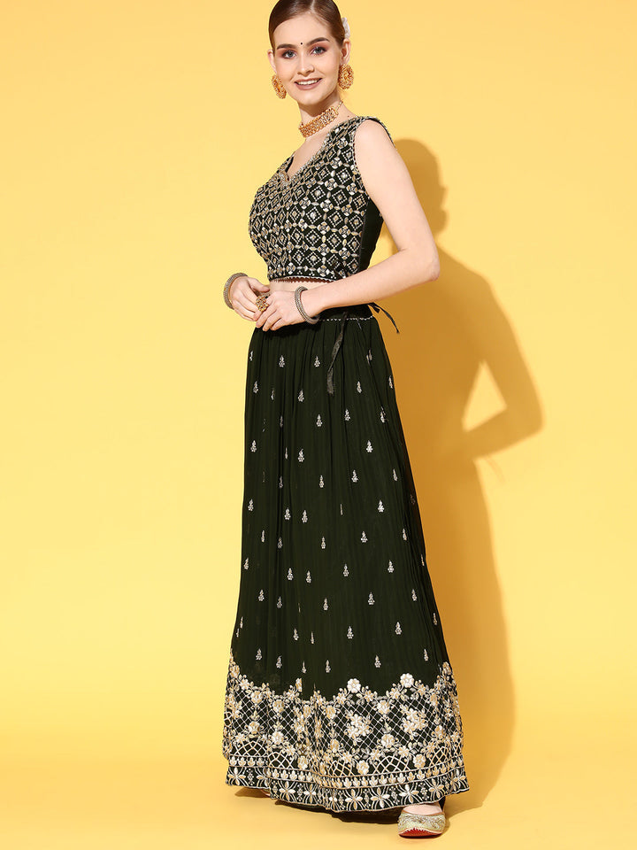 Green Zari & Sequence Embellished Lehenga Set & Net Dupatta