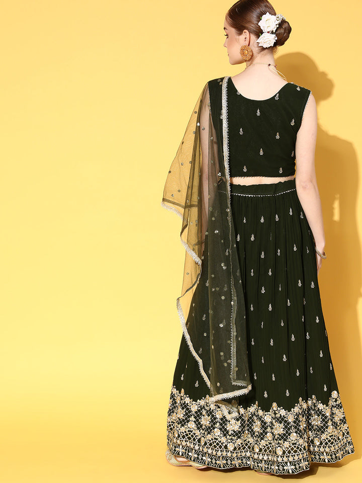 Green Zari & Sequence Embellished Lehenga Set & Net Dupatta