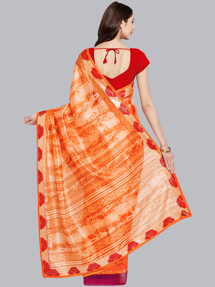 Orange Distress Print Brocade Border Art Silk Saree
