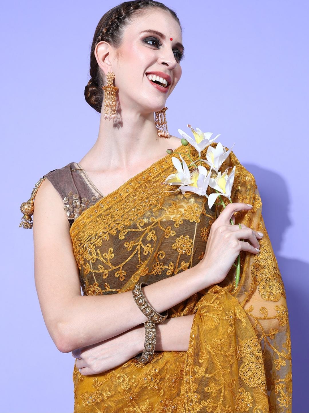 Golden Mustard Resham Embroidered & Crystal Embellished Net Saree