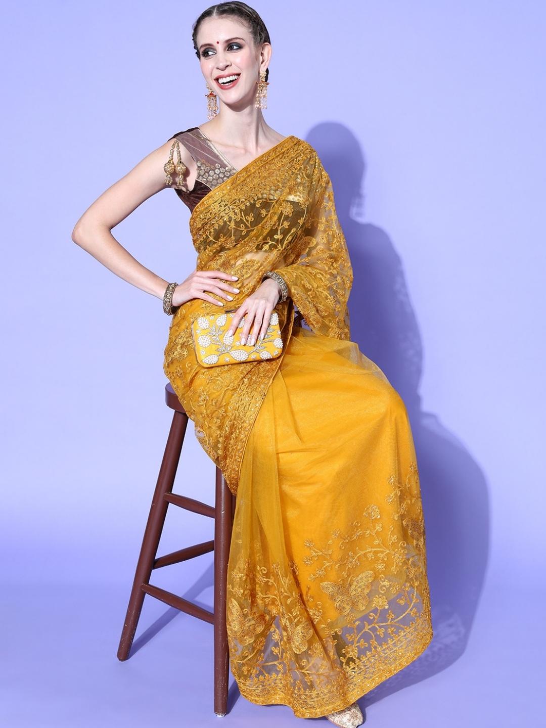 Golden Mustard Resham Embroidered & Crystal Embellished Net Saree