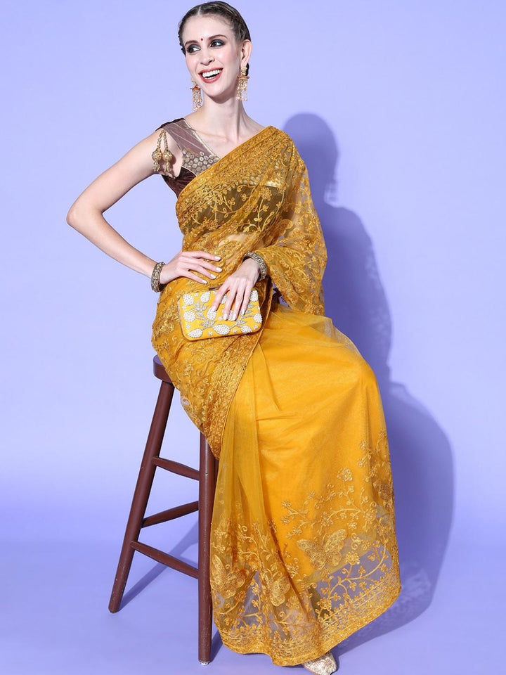 Golden Mustard Resham Embroidered & Crystal Embellished Net Saree