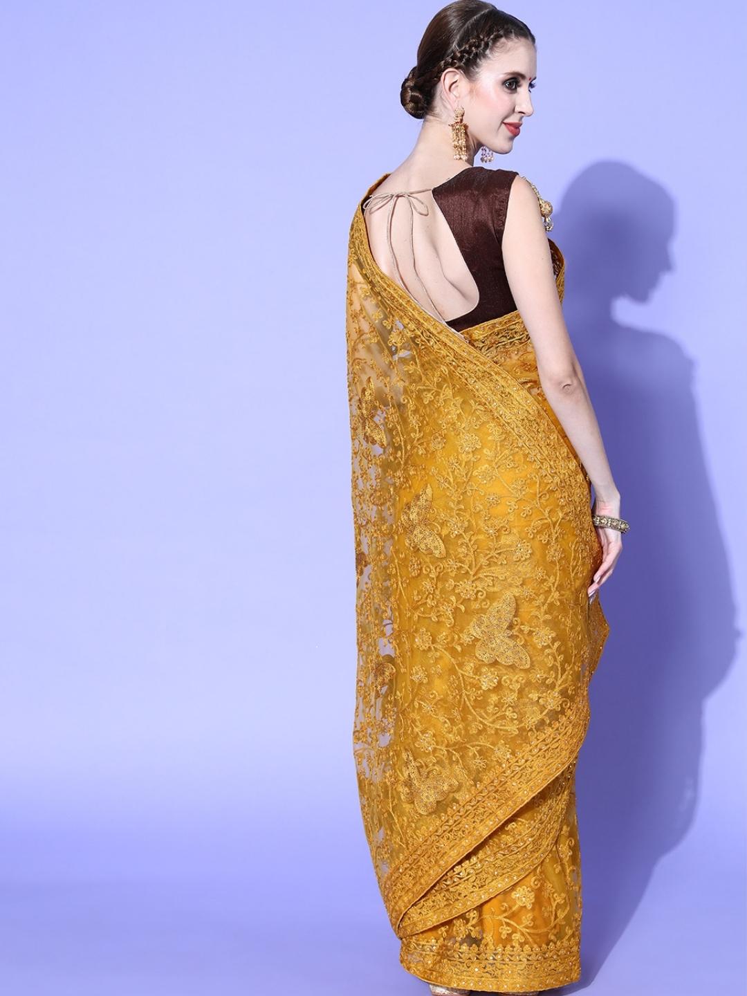 Golden Mustard Resham Embroidered & Crystal Embellished Net Saree