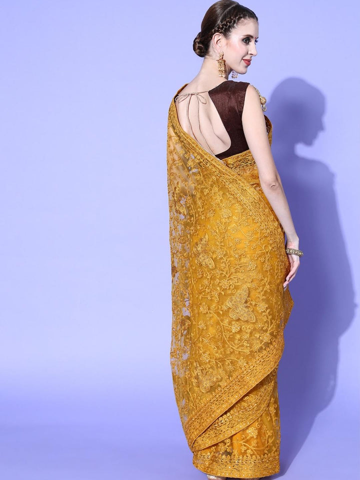 Golden Mustard Resham Embroidered & Crystal Embellished Net Saree