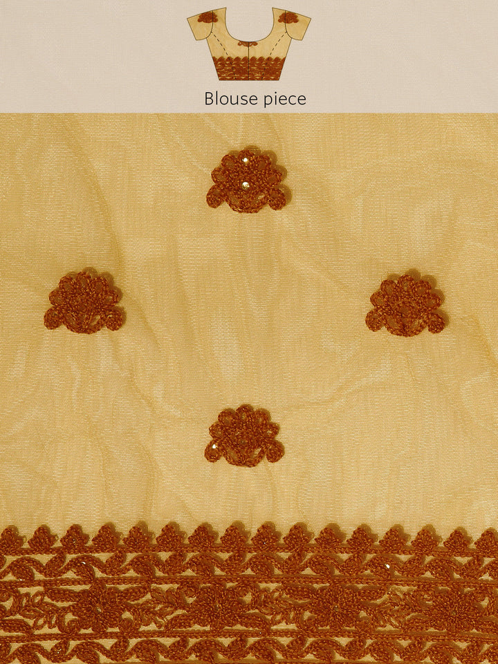 Golden Mustard Resham Embroidered & Crystal Embellished Net Saree