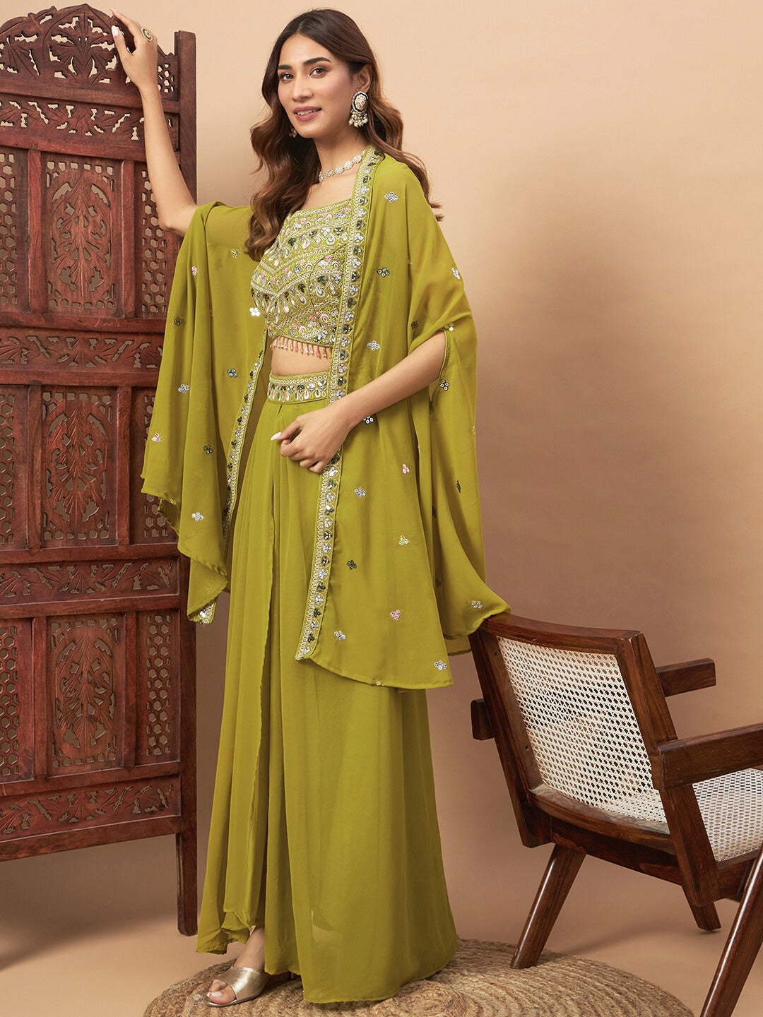 Chhabra 555 Tasseled Indo-western Co-ord Set with Pre-pleated Skirt and Resham Embroidered Cape