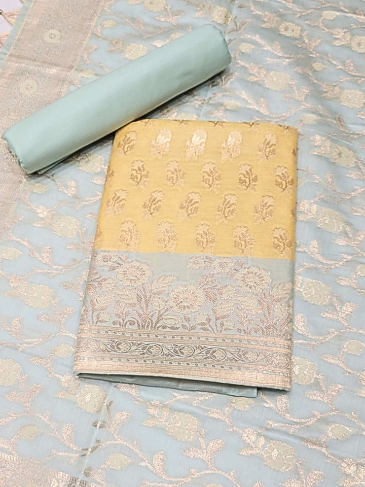Banarasi Chanderi Dress Material with Contrast color Handloom weaving & Tasseled Dupatta