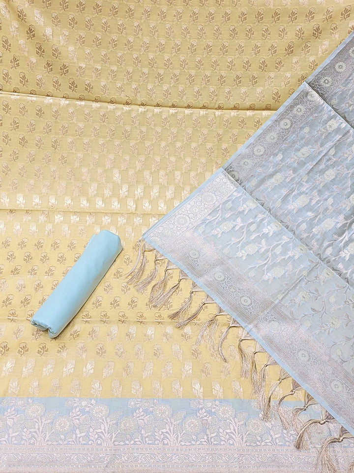 Banarasi Chanderi Dress Material with Contrast color Handloom weaving & Tasseled Dupatta
