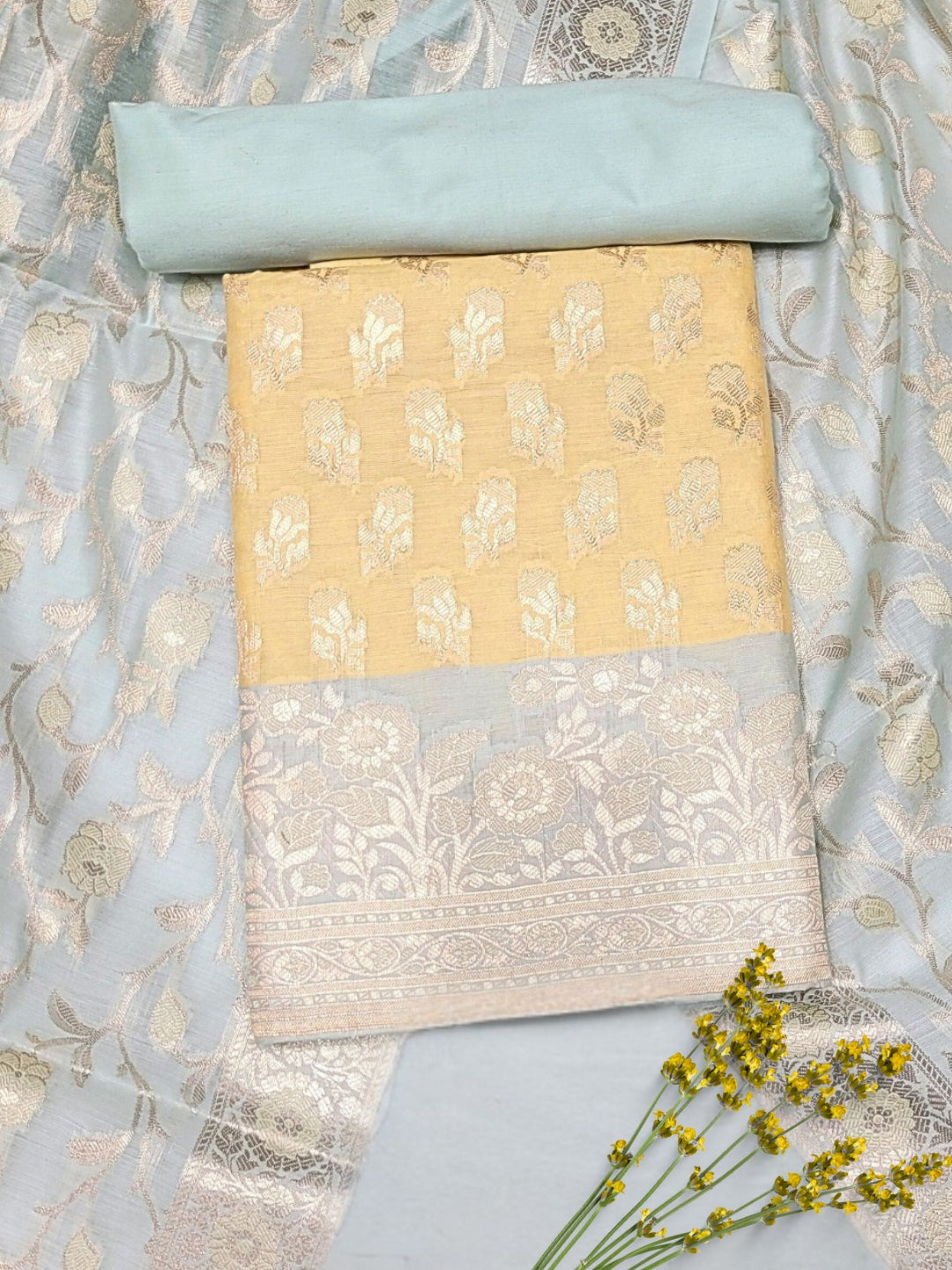 Banarasi Chanderi Dress Material with Contrast color Handloom weaving & Tasseled Dupatta